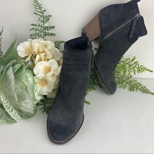Gray Blue Suede Perforated Block Heel Ankle Booties | Size 7